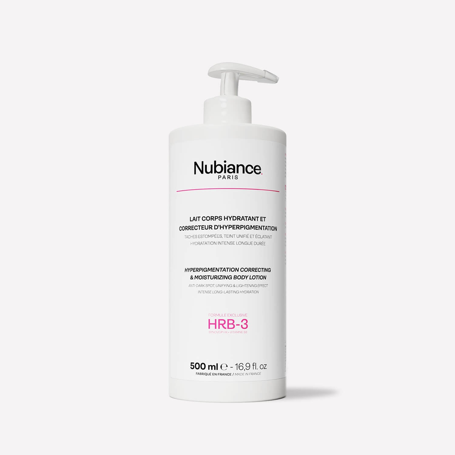 White bottle of Nubiance Paris moisturizing body lotion with pump dispenser.