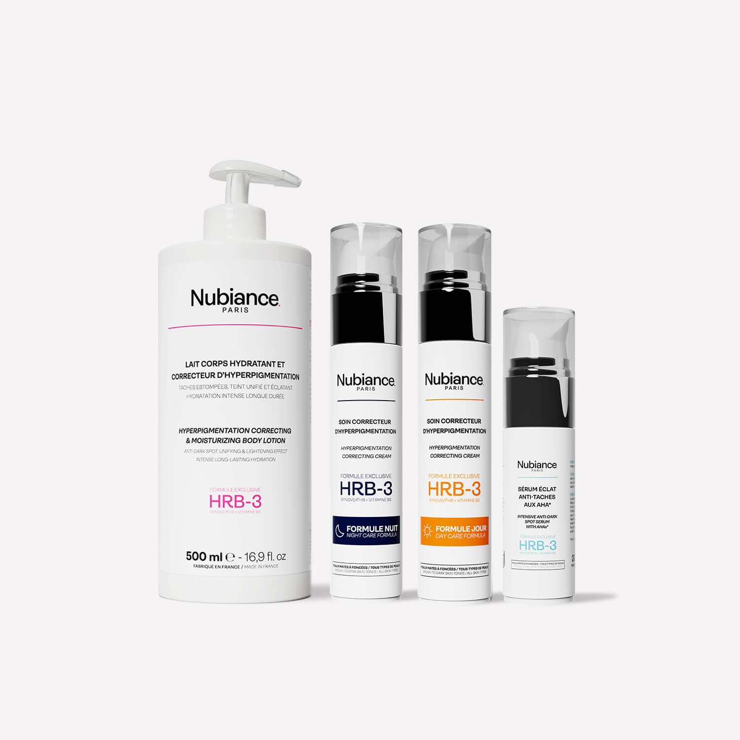 Four Nubiance skincare products with white and black packaging.